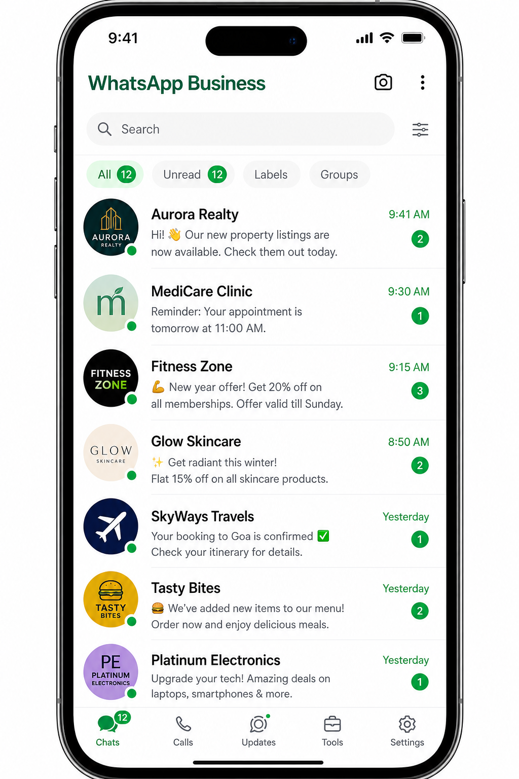 WhatsApp business inbox screen
